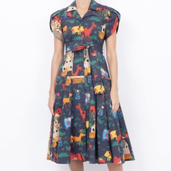 LHD Dresses & Skirts - New LHD Glades Puff Sleeve Quirky Farm Animal Navy Print Midi Dress  Siz…